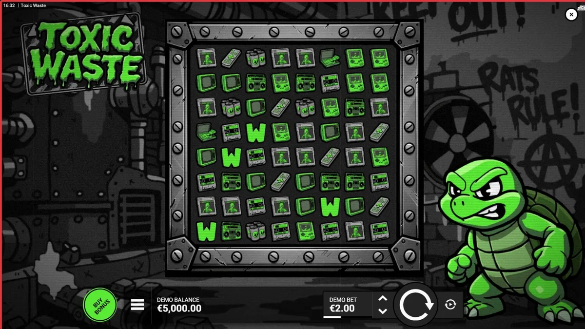 Tampilan visual neon dan simbol laboratorium dalam slot Toxic Waste
